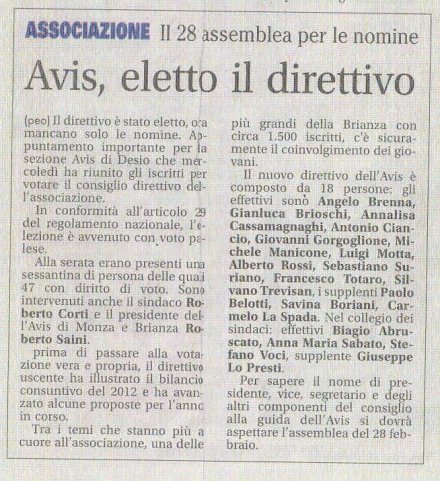 Giornale di Desio - Assemblea elettiva - AVIS COMUNALE DESIO