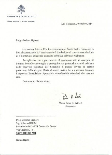 Lettera di Sua Santità Papa Francesco per il nostro 65° Anniversario - AVIS COMUNALE DESIO