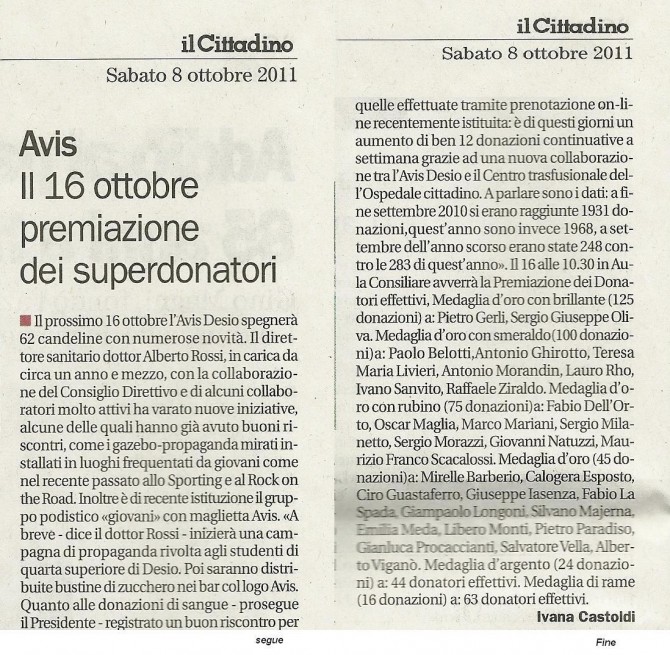 Recensione "IL CITTADINO" 62°  Anniversario AVIS DESIO - AVIS COMUNALE DESIO