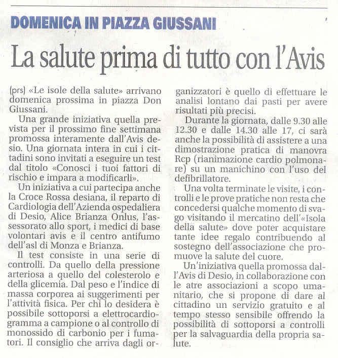 "Le Isole della Salute" -  Articolo Giornale di Desio - AVIS COMUNALE DESIO