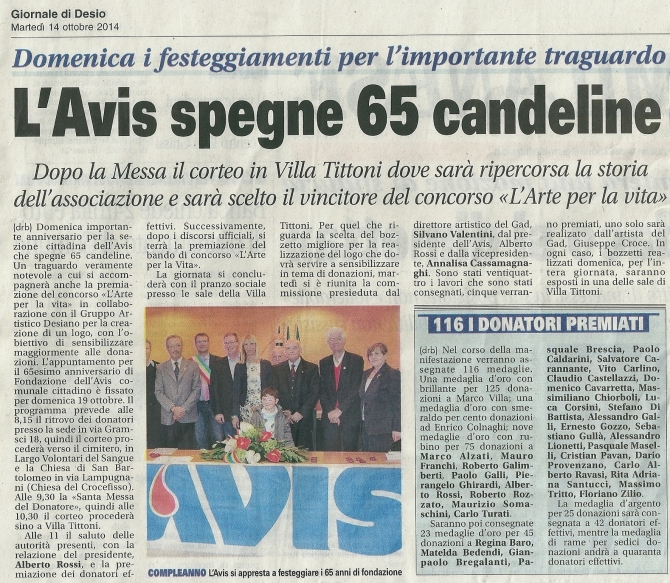 65° Anniversario di Fondazione - Giornale di Desio - AVIS COMUNALE DESIO